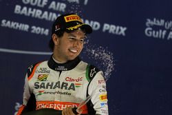 Sergio Perez, Sahara Force India F1 celebrates his third position on the podium