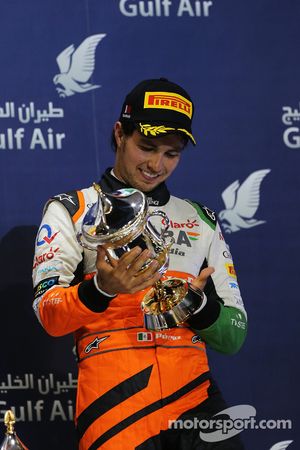 Sergio Perez, Sahara Force India F1 celebrates his third position on the podium
