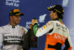 The podium, Mercedes AMG F1 celebrates with third placed Sergio Perez, Sahara Force India F1
