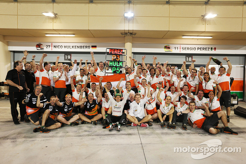 Sergio Pérez, Sahara Force India F1 celebra su tercera posición con el equipo