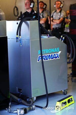 Petronas fuel rig in the Mercedes AMG F1 pit garage
