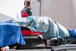 The crashed #1 Audi Sport Team Joest Audi R18 E-Tron Quattro back to the Audi compound after Loic Duval massive accident