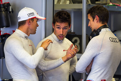 Audi driver Marcel Fässler, Filipe Albuquerque and Oliver Jarvis talking after Loic Duval's crash