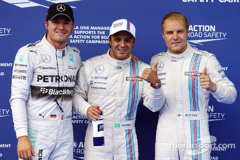 Pole position Felipe Massa, segundo lugar Valtteri Bottas, terceiro lugar Nico Rosberg