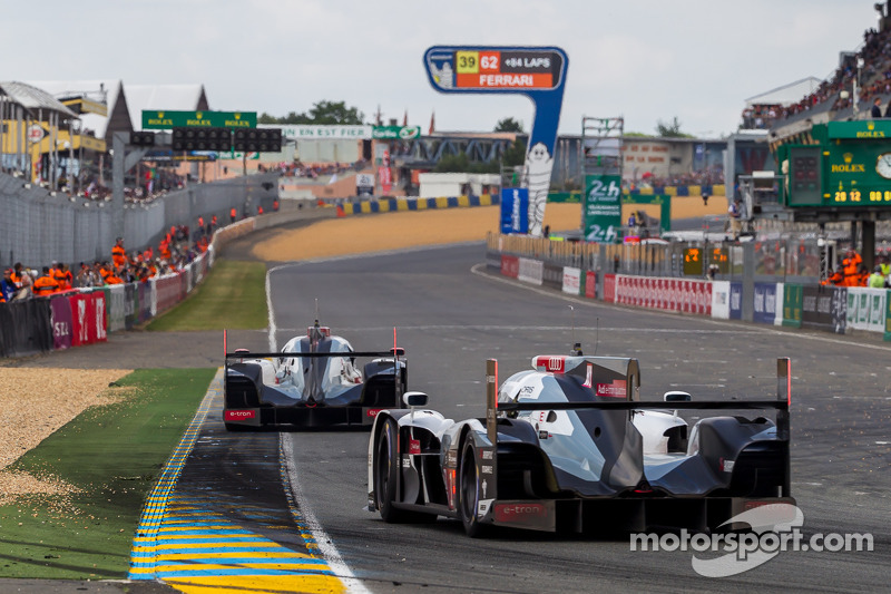 #1 Audi Sport Team Joest Audi R18 E-Tron Quattro: Lucas Di Grassi, Marc Gene, Tom Kristensen; #2 Audi Sport Team Joest Audi R18 E-Tron Quattro: Marcel Fässler, Andre Lotterer, Benoit Tréluyer
