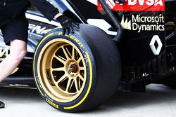 Charles Pic, Lotus F1 E22 Third Driver leaves the pits running new 18 inch Pirelli tyres and rims