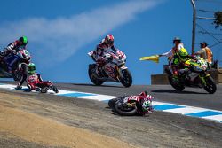 Davide Giugliano going the wrong way into the corkscrew