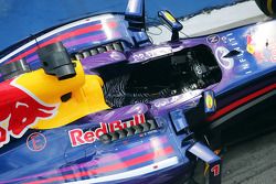 Red Bull Racing RB10 de Sebastian Vettel, en parc ferme con un asiento de impresión de leopardo en l