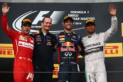 Fernando Alonso, Daniel Ricciardo and Lewis Hamilton on the podium