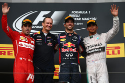 Fernando Alonso, Daniel Ricciardo and Lewis Hamilton on the podium