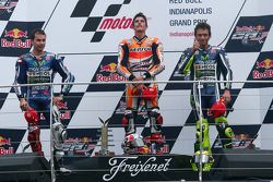 Podium: race winner Marc Marquez, second place Jorge Lorenzo, third place Valentino Rossi