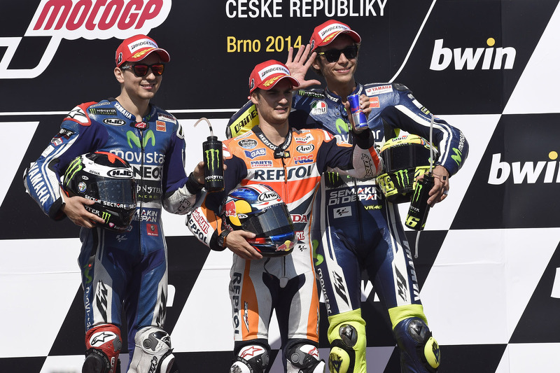 Podio: 1º Dani Pedrosa, 2º Jorge Lorenzo, 3º Valentino Rossi