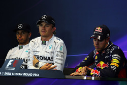 The post qualifying FIA Press Conference, Mercedes AMG F1, second; Nico Rosberg, Mercedes AMG F1, pole position; Sebastian Vettel, Red Bull Racing, third