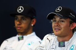 Pole sitter Nico Rosberg, Mercedes AMG F1, and team mate Lewis Hamilton, Mercedes AMG F1 in the qualifying FIA Press Conference