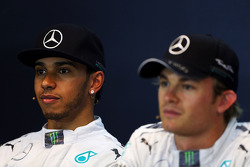 Pole sitter Nico Rosberg, Mercedes AMG F1, and team mate Lewis Hamilton, Mercedes AMG F1 in the qualifying FIA Press Conference