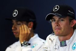 Pole sitter Nico Rosberg, Mercedes AMG F1, and team mate Lewis Hamilton, Mercedes AMG F1 in the qualifying FIA Press Conference