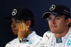 Pole sitter Nico Rosberg, Mercedes AMG F1, and team mate Lewis Hamilton, Mercedes AMG F1 in the qualifying FIA Press Conference