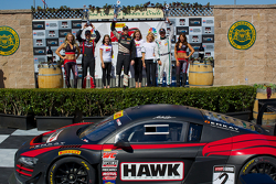 GT Winners Podium: Ryan Dalziel (second, left), Mike Skeen (first, center), Butch Leitzinger (third,