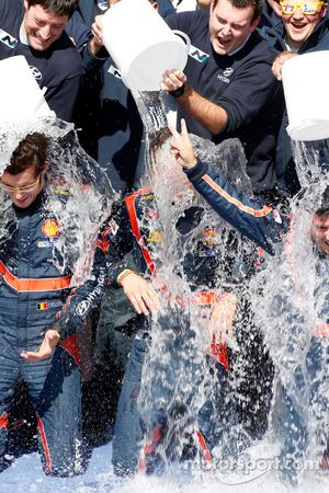 Winners Thierry Neuville and Nicolas Gilsoul take the ALS ice bucket challenge