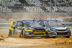 #18 Olsbergs MSE Ford Fiesta ST: Patrik Sandell and #11 Subaru Rally Team USA Subaru WRX STi: Sverre Isachsen touch