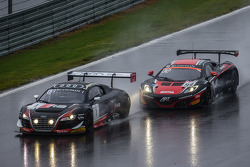 #1 Belgian Audi Club Team WRT Audi R8 LMS Ultra: Cesar Ramos, Laurens Vanthoor, Christopher Mies and #99 ART Grand Prix McLaren MP4-12C: Andy Soucek, Kevin Korjus, Kevin Estre battle for the lead