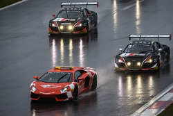 Safety car leads #1 Belgian Audi Club Team WRT Audi R8 LMS Ultra: Cesar Ramos, Laurens Vanthoor, Christopher Mies and #3 Belgian Audi Club Team WRT Audi R8 LMS Ultra: James Nash, Frank Stippler, Marc Basseng