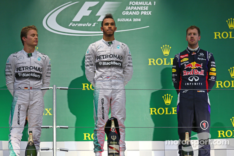 Podium: Sieger Lewis Hamilton, 2. Nico Rosberg, 3. Sebastian Vettel