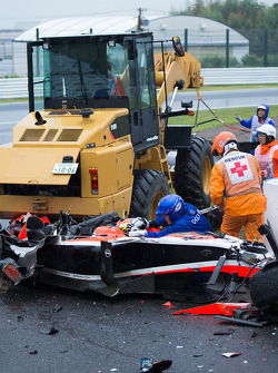 Safety team at work after the crash of Jules Bianchi, Marussia F1 Team