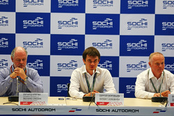 (L to R): Richard Cregan, Russian Grand Prix Consulatant; Sergey Vorobyev, Deputy General Director, OJSC Centre Omega, and Russian GP Promoter; and Alexander Saurin, Vice Govenor of Krasnodar Regional Administration at a Press Briefing