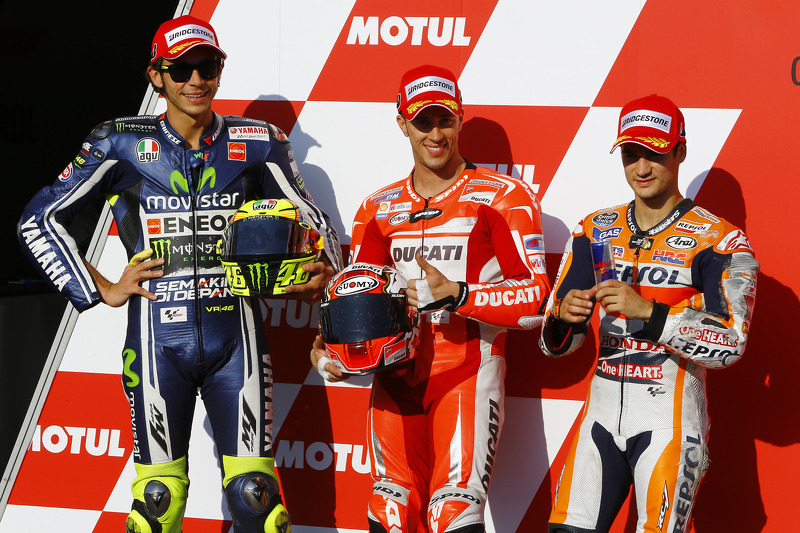 Polesitter Andrea Dovizioso, Ducati Team, second place Valentino Rossi, Yamaha Factory Racing, third place Dani Pedrosa, Repsol Honda Team