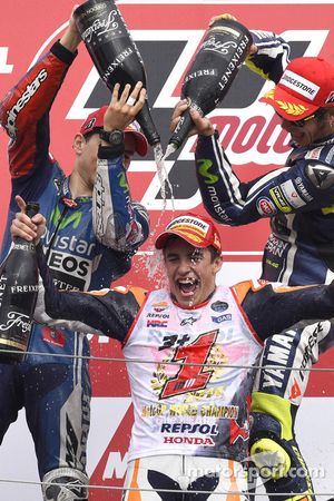 Podium: race winner Jorge Lorenzo, second place Marc Marquez, third place Valentino Rossi