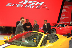 Luca Cordero di Montezemolo (ITA) Ferrari Ceo, Amedeo Felisa (ITA) Ferrari director, John Elkann (ITA) Fiat president and Sergio Marchionne (ITA) Fiat Chrysler Group Ceo with the new Ferrari 458 Speciale A