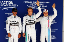 Qualifying top three in parc ferme: Lewis Hamilton, Mercedes AMG F1, second; Nico Rosberg, Mercedes