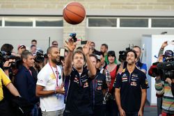 Sebastian Vettel, Red Bull Racing practices his basketball skills with Tony Parker, NBA Basketball Player, Red Bull Racing Team Principal and team mate Daniel Ricciardo, Red Bull Racing