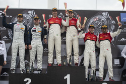 Qualifying race podium: winners Cesar Ramos, Laurens Vanthoor, second place Andy Soucek, Jonny Adam, third place Stephane Richelmi, Stéphane Ortelli