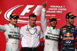 1st place for Lewis Hamilton, Mercedes AMG F1 W05, 2nd place for Nico Rosberg, Mercedes AMG F1 W05 and 3rd for Daniel Ricciardo, Red Bull Racing RB10