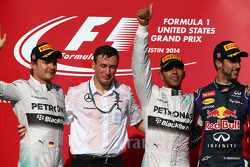 1st place for Lewis Hamilton, Mercedes AMG F1 W05, 2nd place for Nico Rosberg, Mercedes AMG F1 W05 and 3rd for Daniel Ricciardo, Red Bull Racing RB10