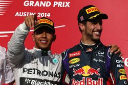 1st place Lewis Hamilton, Mercedes AMG F1 W05 with 3rd place Daniel Ricciardo, Red Bull Racing RB10