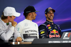 The FIA Press Conference: Nico Rosberg, Mercedes AMG F1, second; Lewis Hamilton, Mercedes AMG F1, race winner; Daniel Ricciardo, Red Bull Racing, third