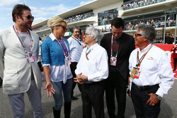 (L to R): Simon Le Bon, Duran Duran Lead Singer with Pamela Anderson, Actress; Bernie Ecclestone, Actor; and Mario Andretti, Circuit of The Americas' Official Ambassador on the grid