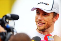 Jenson Button, McLaren with the media