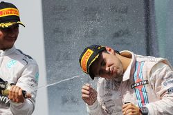 Felipe Massa, Williams celebrates his third position on the podium with Lewis Hamilton, Mercedes AMG F1