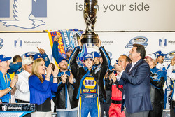 Championship victory lane: NASCAR Nationwide Series 2014 champion Chase Elliott celebrates
