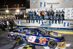Championship victory lane: NASCAR Nationwide Series 2014 champion Chase Elliott celebrates with Dale Earnhardt Jr.