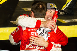 Race winner and 2014 NASCAR Sprint Cup series champion Kevin Harvick, Stewart-Haas Racing Chevrolet celebrates with crew chief Rodney Childers