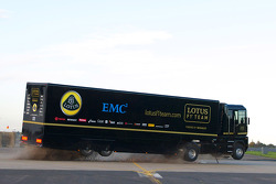 Stunt truck driver Mike Ryan jumps over stunt driver Martin Ivanov in record distance