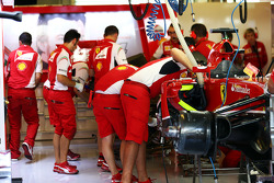 The Ferrari F14-T of Fernando Alonso, Ferrari is worked on in the third practice session