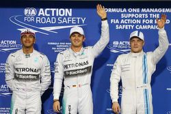 Pole for Nico Rosberg, Mercedes AMG F1 W05, 2nd for Lewis Hamilton, Mercedes AMG F1 and 3rd for Valtteri Bottas, Williams FW36