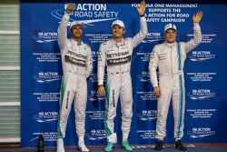 Qualifying top three in parc ferme: Lewis Hamilton, Mercedes AMG F1, second; Nico Rosberg, Mercedes AMG F1, pole position; Valtteri Bottas, Williams, third