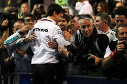 Toto Wolff, Mercedes AMG F1 Shareholder and Executive Director celebrates with the media in parc ferme
